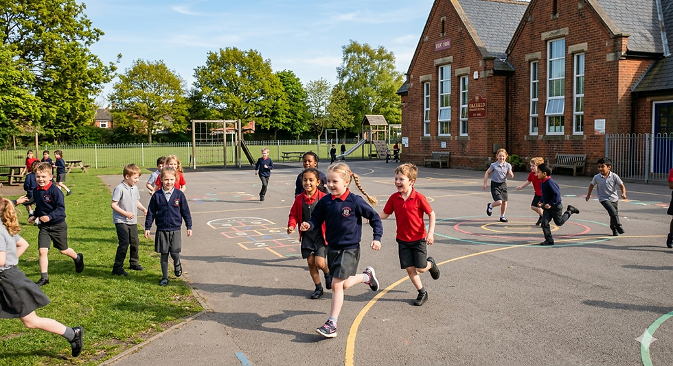 Children playing in school playground on a sunny day