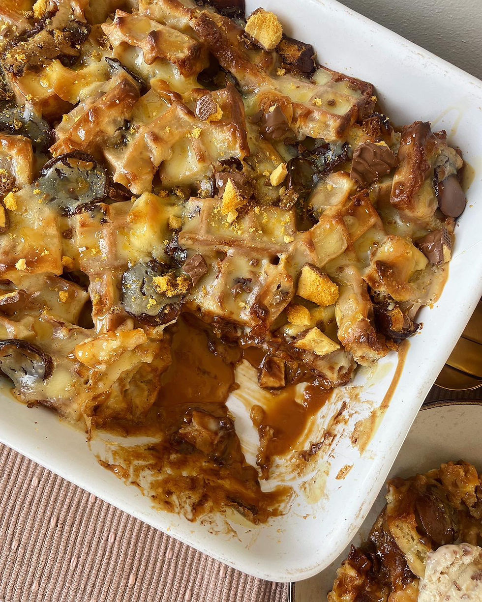 Salted Caramel Chocolate Waffle Pudding