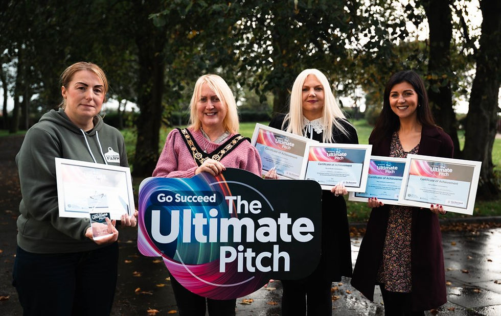 Cllr Dawn Higgins, Mayor, Causeway Coast and Glens Borough Council joins the winners of the Causeway Coast and Glens Ultimate Pitch final, from left, overall winner Sharon Gault who secured her place in the regional final with her business Kingsbarn Farm, which rears grass fed additive free meat, Nadine Donaghy who won the Inclusive Entrepreneurship award, and Social Impact award winner Shannon McCloskey
