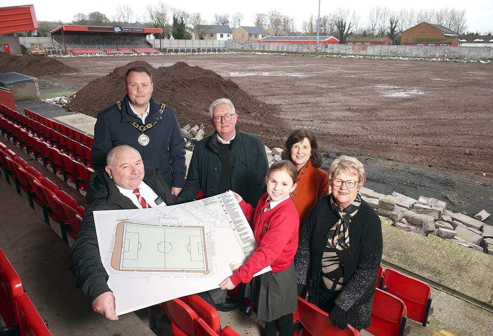 Mayor of Antrim and Newtownabbey, Councillor Mark Cooper, Councillor Michael Stewart, Councillor Helen Magill, Councillor Vera McWilliam, pictured with Robert Fleck, Business Development Director at Ballyclare Comrades FC and Ballyclare Primary School pupil, Olivia Mawhinney.