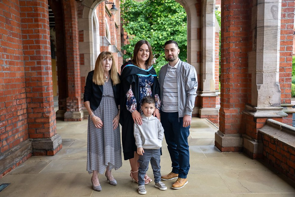 Melissa Thompson graduates with a degree in Social Work. Pictured at Queen's with her son Harvey, her mum and partner Dawid.