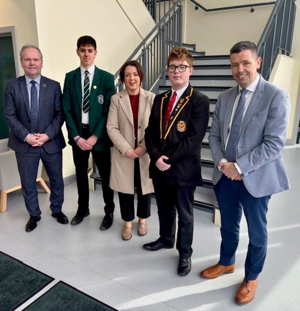 Dr Darren Mornin Principal of Limavady High School, Cian Canning Head Boy, St Mary's High School Limavady, Infrastructure Minister Liz Kimmins, Harry Kealey, Head Boy, Limavady High School and Sean Mullan Principal of St Mary's High School.