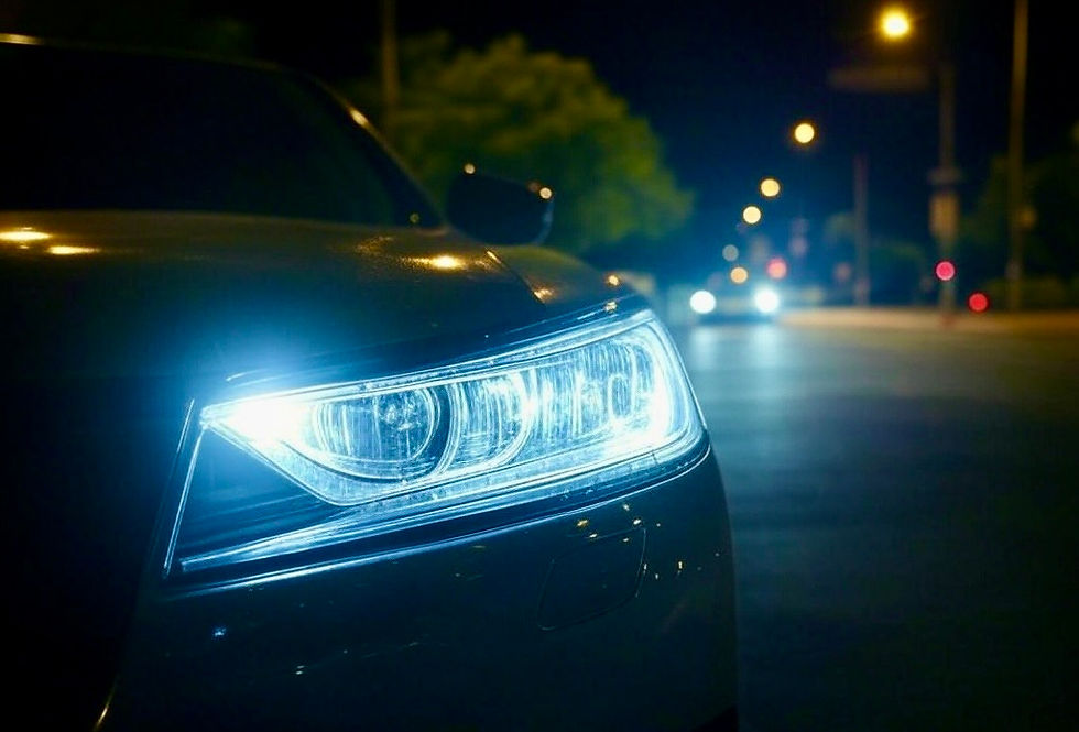 LED bright headlights on car at night