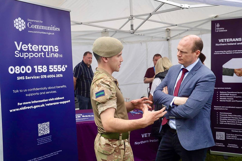 Communities Minister Gordon Lyons met members of the armed forces who visited his Department’s Veterans Support Line NI stall during Armed Forces Day in Coleraine
