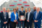Daniel Evans is pictured with his guests, Sean McAleese, Work Based Learning Manager at Northern Regional College, Christine Brown, Curriculum Director at Northern Regional College, Mel Higgins, Principal and Chief Executive of Northern Regional College, Colm McKenna, Chair of Northern Regional College’s Governing Body, and representatives from Eden Fabrications.