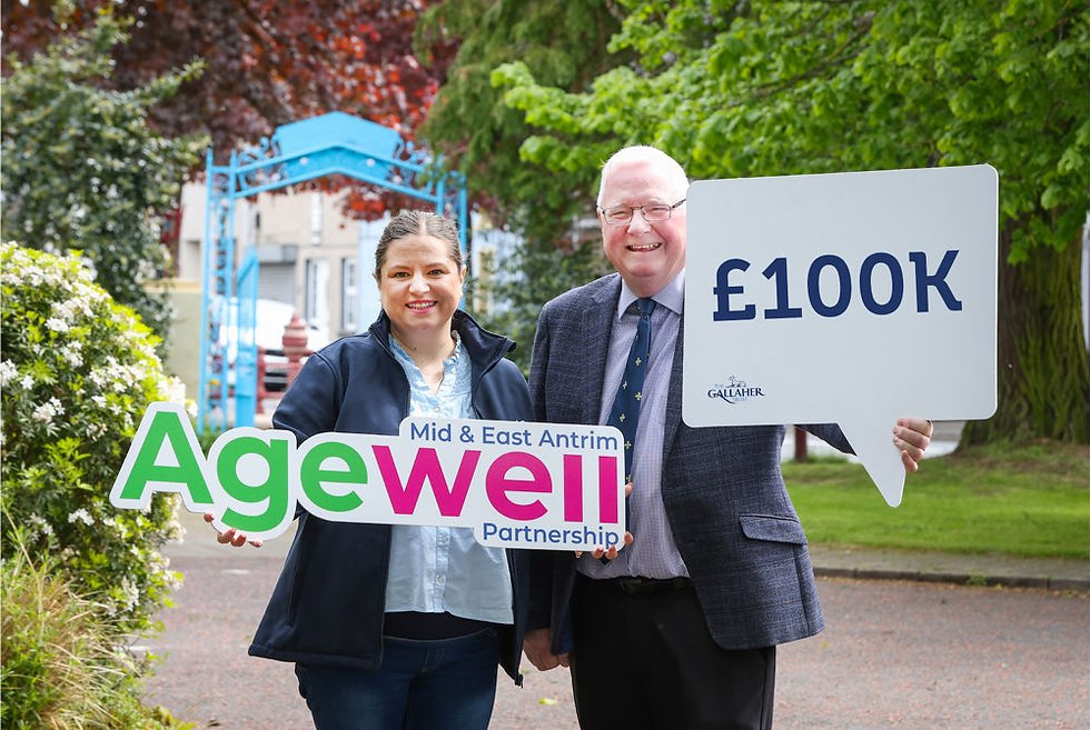 The Gallaher Trust has committed £100,000 to Mid and East Antrim Agewell Partnership’s Delivering Options through Tailored Solutions (Dots) social enterprise. Jenny Marshall, Executive Director of Community Programmes at Mid and East Antrim Agewell Partnership is pictured alongside James Perry MBE, Trustee at The Gallaher Trust.