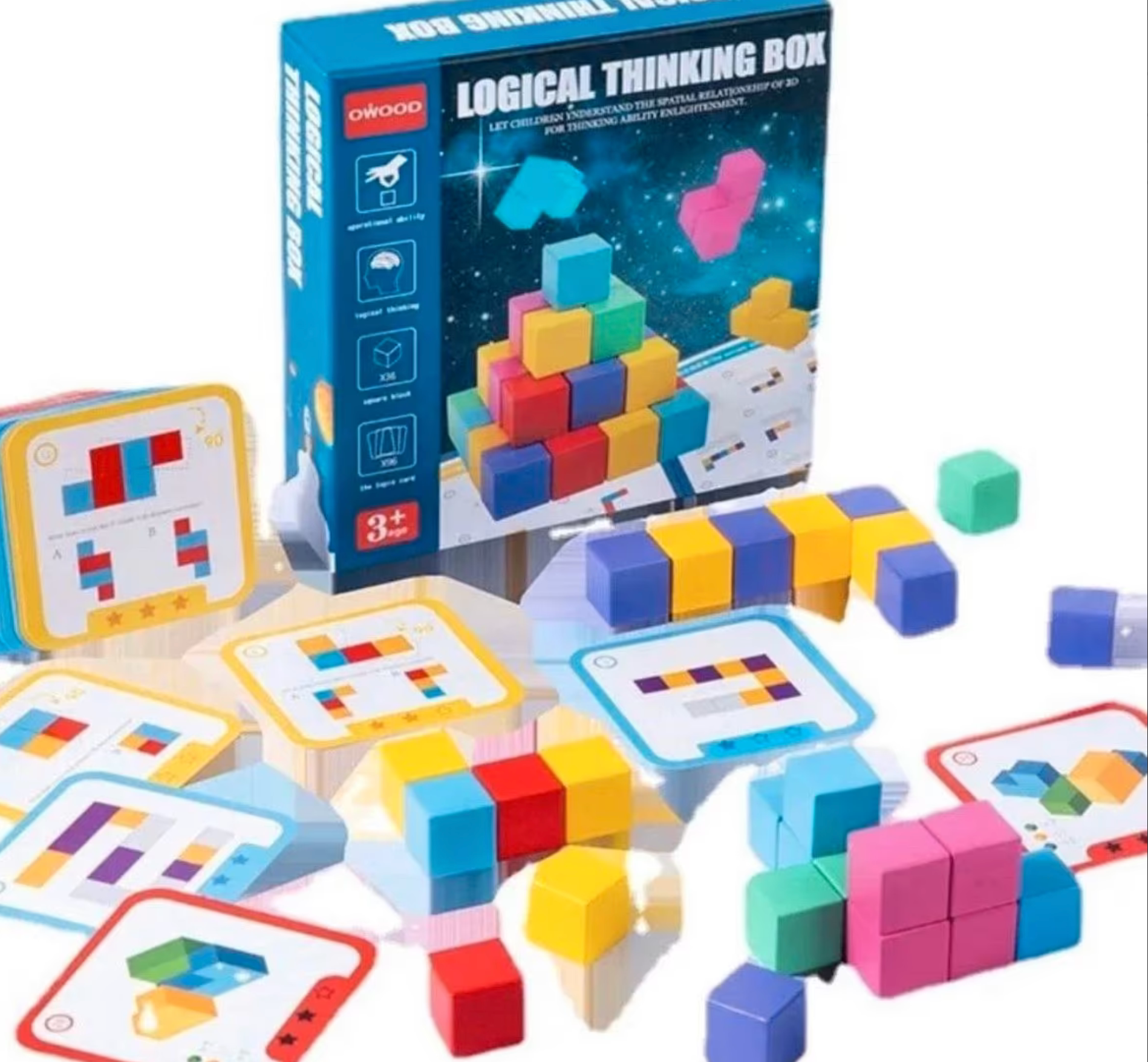 Montessori Denkpuzzel 3D-Holzbausteine, Lernspiel, 96 Aufgaben Mathe Spiel