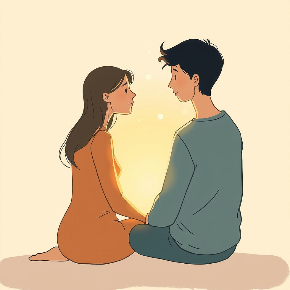 A woman and man sit facing each other, holding hands in a warm glowing light, creating an intimate and serene atmosphere.