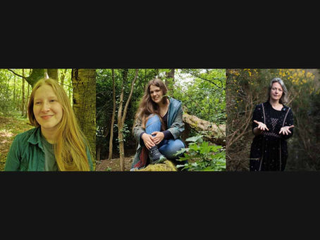 Still images from storytelling performances including three people with the background of woods.