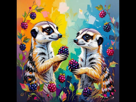 Two meercats looking at each other, holding blackberries.