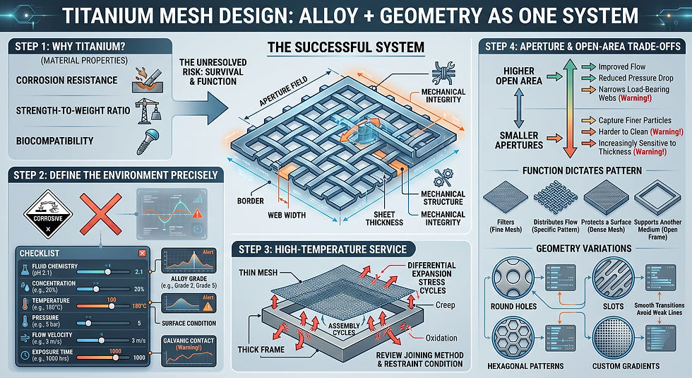 Titanium mesh design infographic showing aperture patterns, corrosion resistance, alloy selection and structural trade-offs