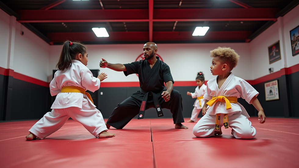 Eye-level view of a martial arts dojo training area with mats and equipment