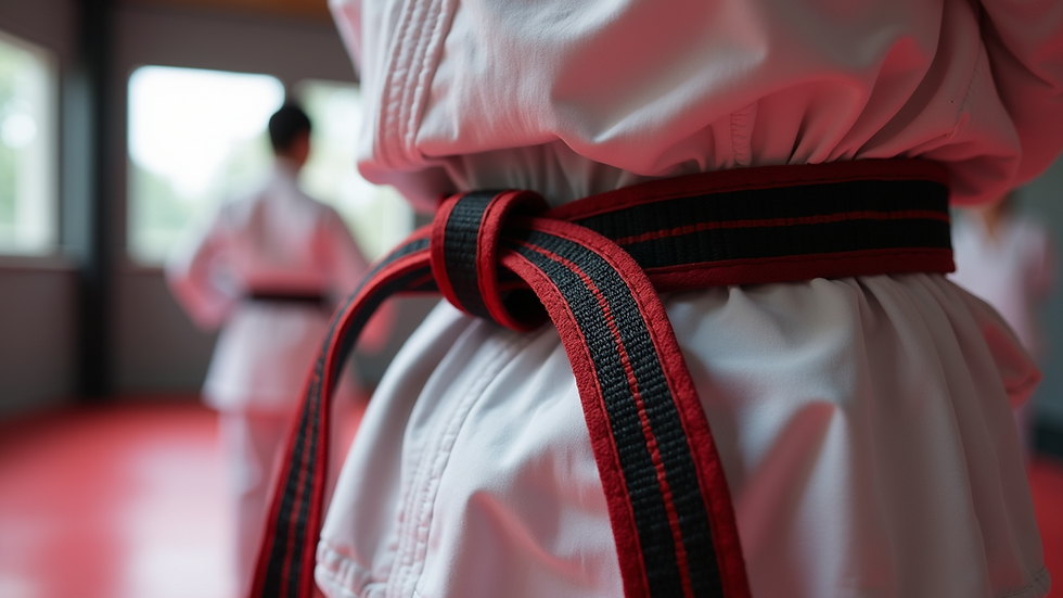 Close-up view of a martial arts belt tied around a waist