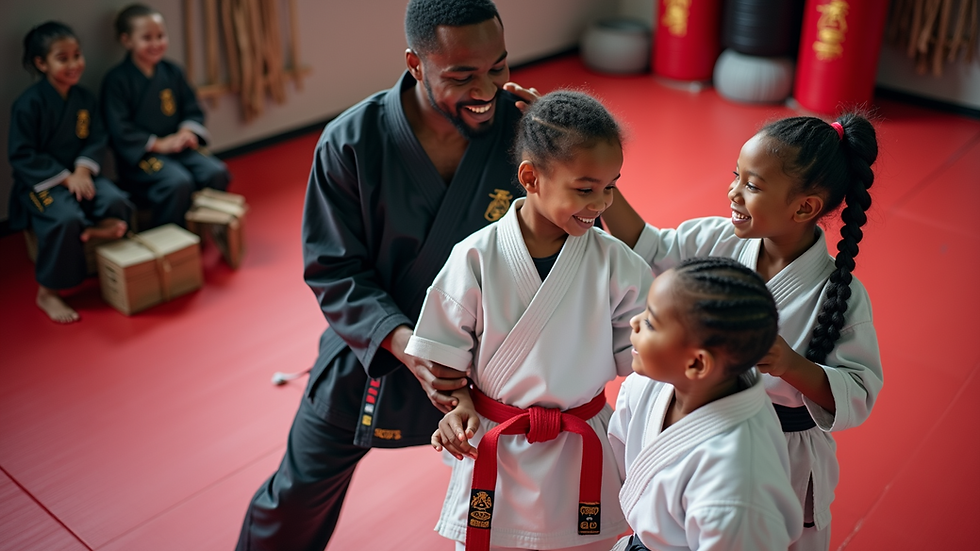 High angle view of a family practicing martial arts together