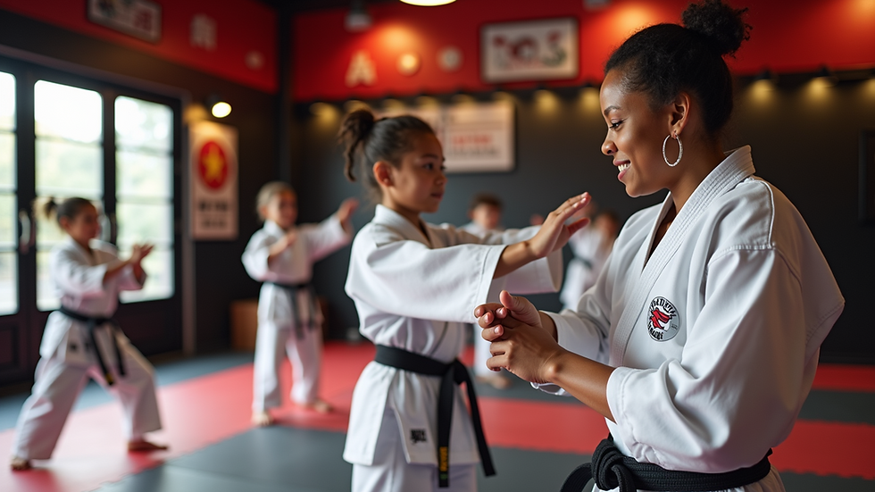 Eye-level view of a martial arts dojo with students practicing together