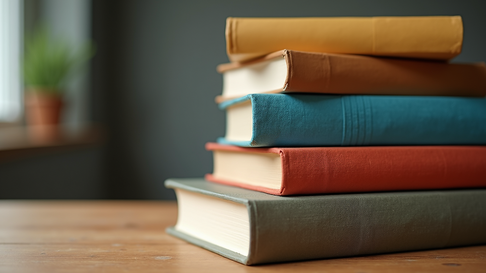 Close-up view of a stack of books with colorful covers on a wooden table