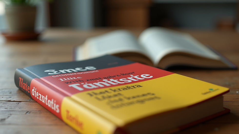Eye-level view of a colorful German language book on a wooden table