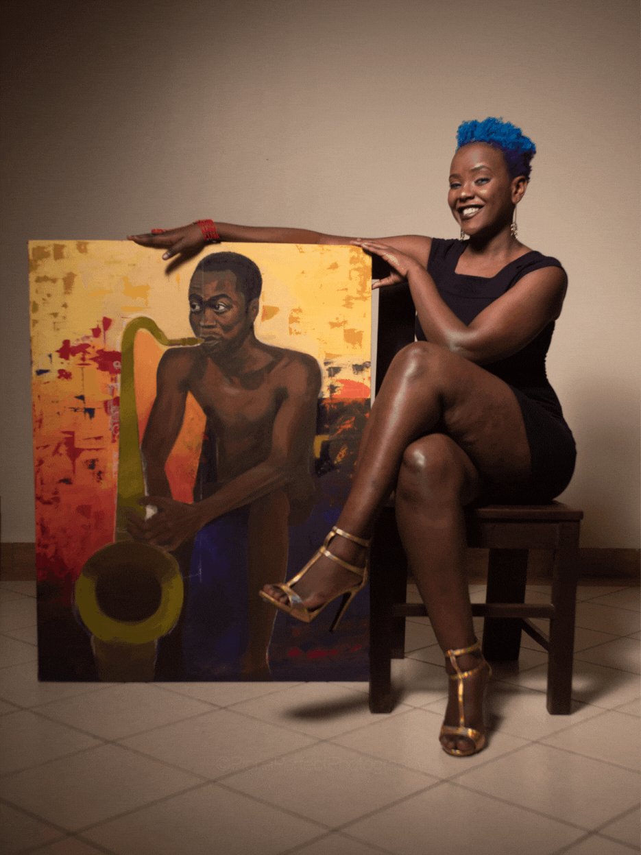 Stacey Olendi with her portrait of Fela Kuti