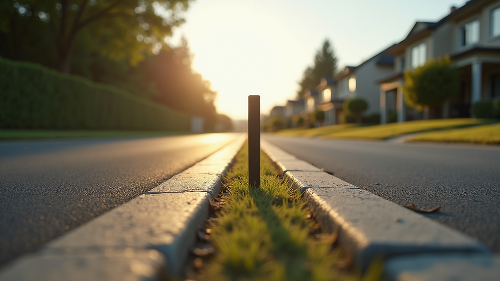 Eye-level view of driveway stakes marking boundaries
