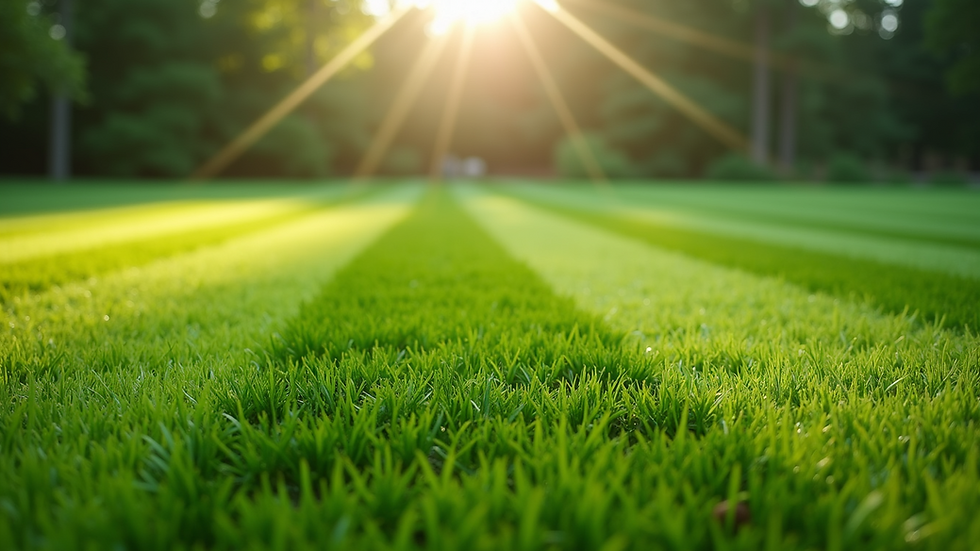 Eye-level view of a freshly mowed green lawn with clear stripes