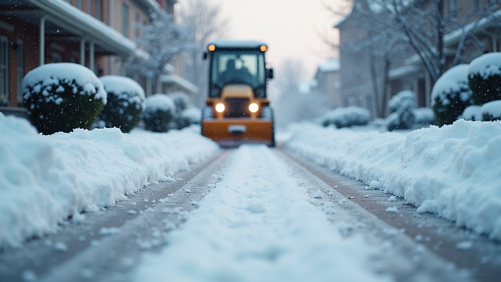 Eye-level view of a snow-covered driveway being cleared of snow