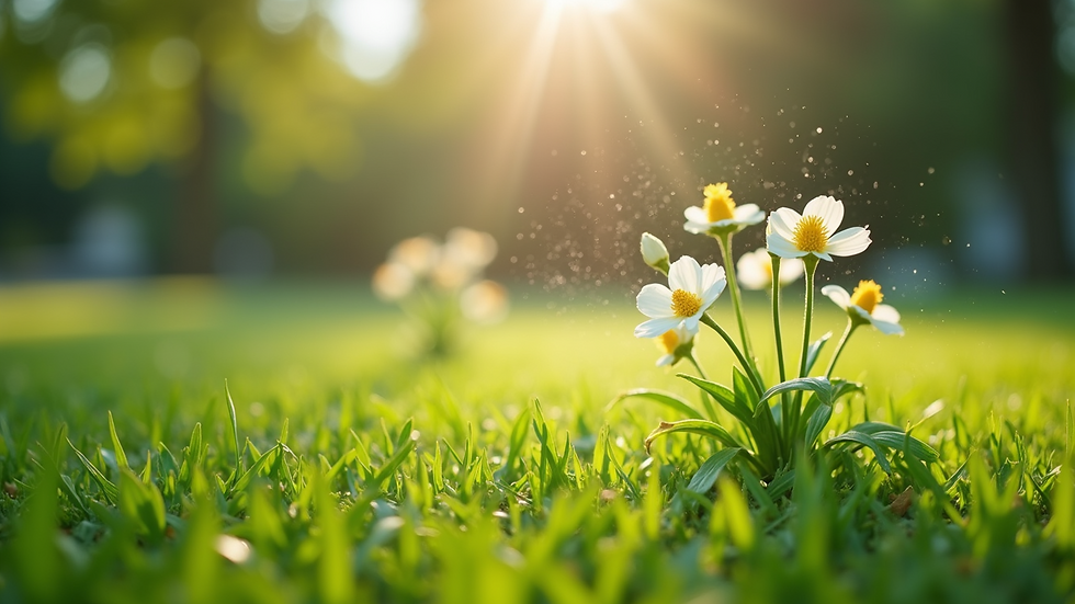 Eye-level view of a well-watered green lawn with blooming flowers