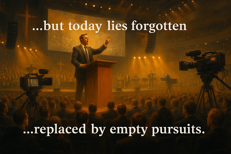 A preacher in a vast megachurch stands beneath bright lights before a sea of people — a scene full of noise and spectacle, ye