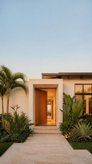 Open front door of a contemporary home with tropical landscaping