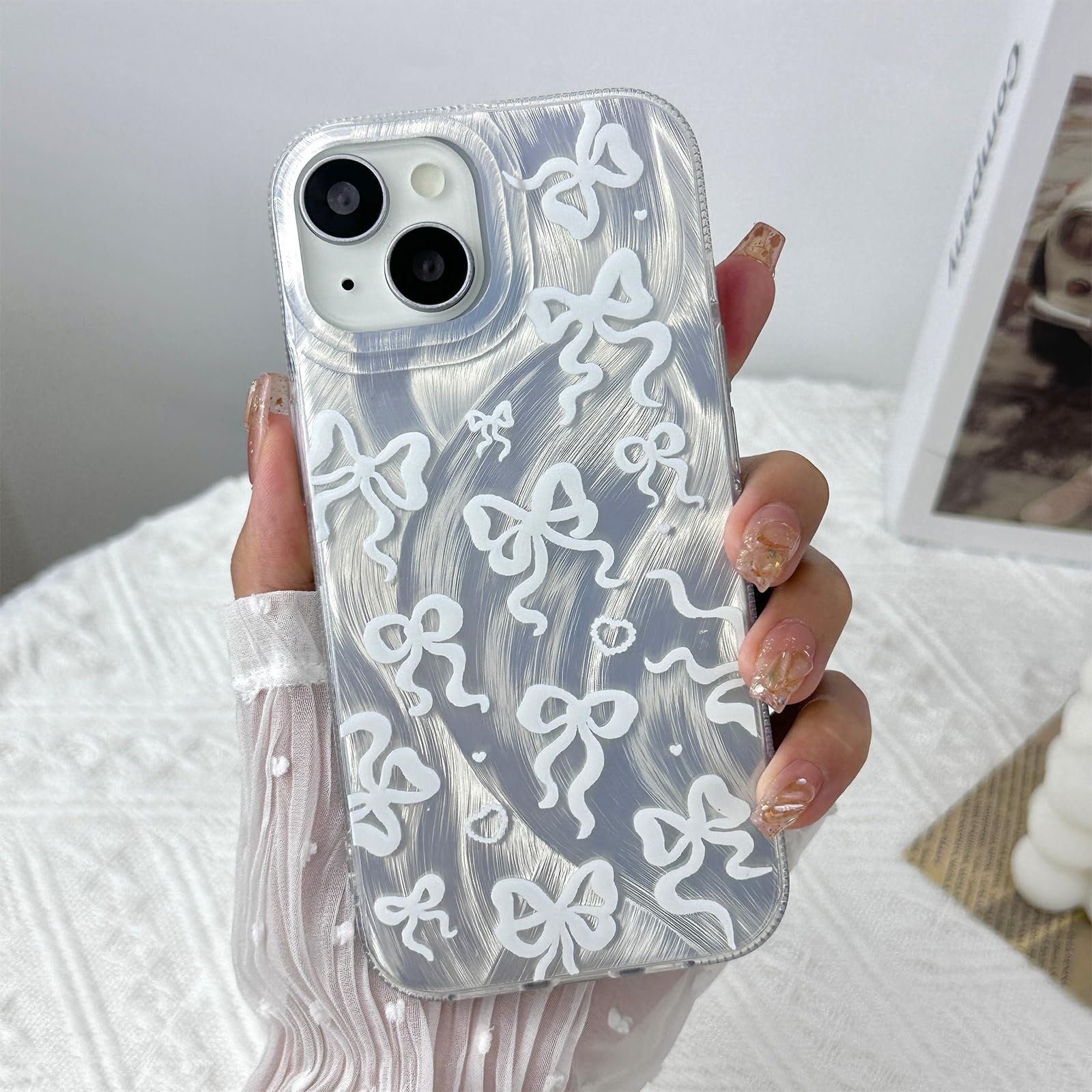DYFYFKDI for iPhone 13 Case iPhone 14 Case Cute Aesthetic Silver Laser Ribbon Bo