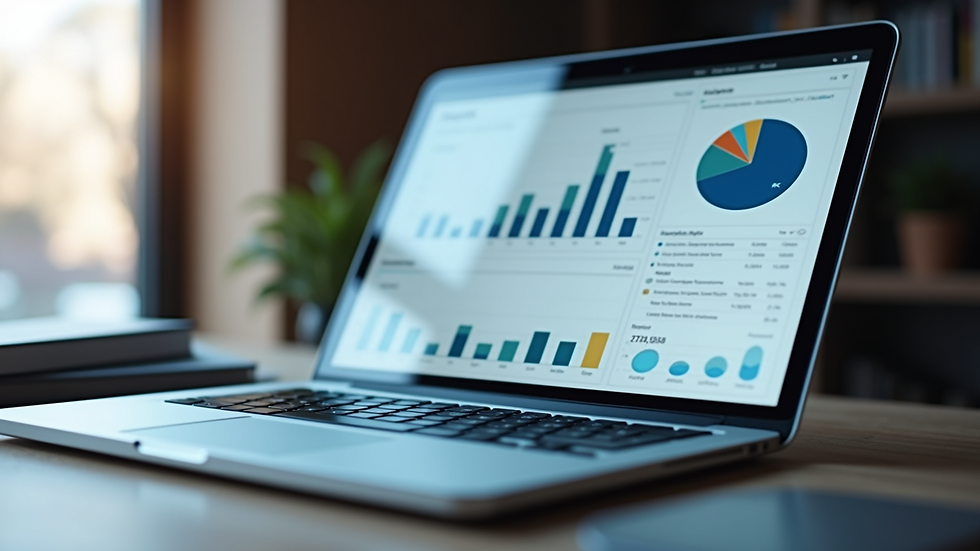 Close-up of a laptop screen showing analytics dashboard with graphs and charts