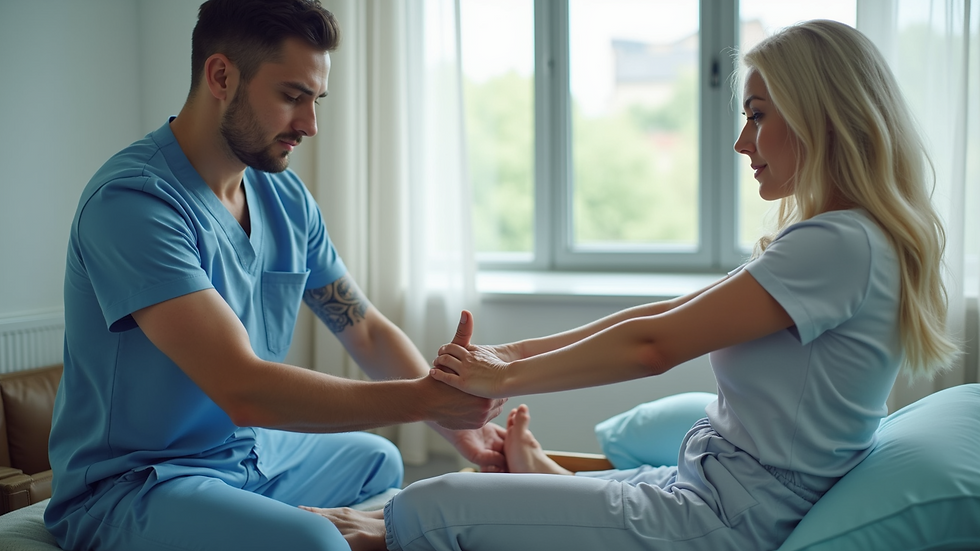 Eye-level view of a physiotherapist assisting a patient with rehabilitation exercises