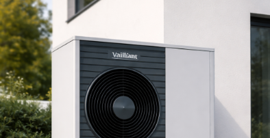 Eine qualitative Wärmepumpe vor einem Neubau-Einfamilienhaus