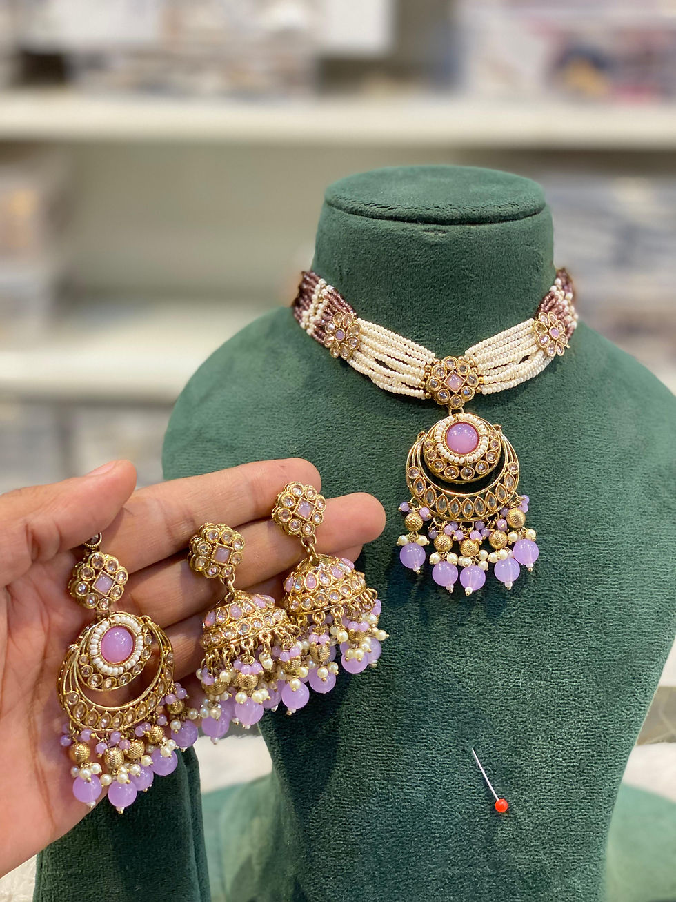 Thumbnail: Hira Collections JASPREET
Gold Plated Polki 
Necklace + Jhumka Earrings + Tikka