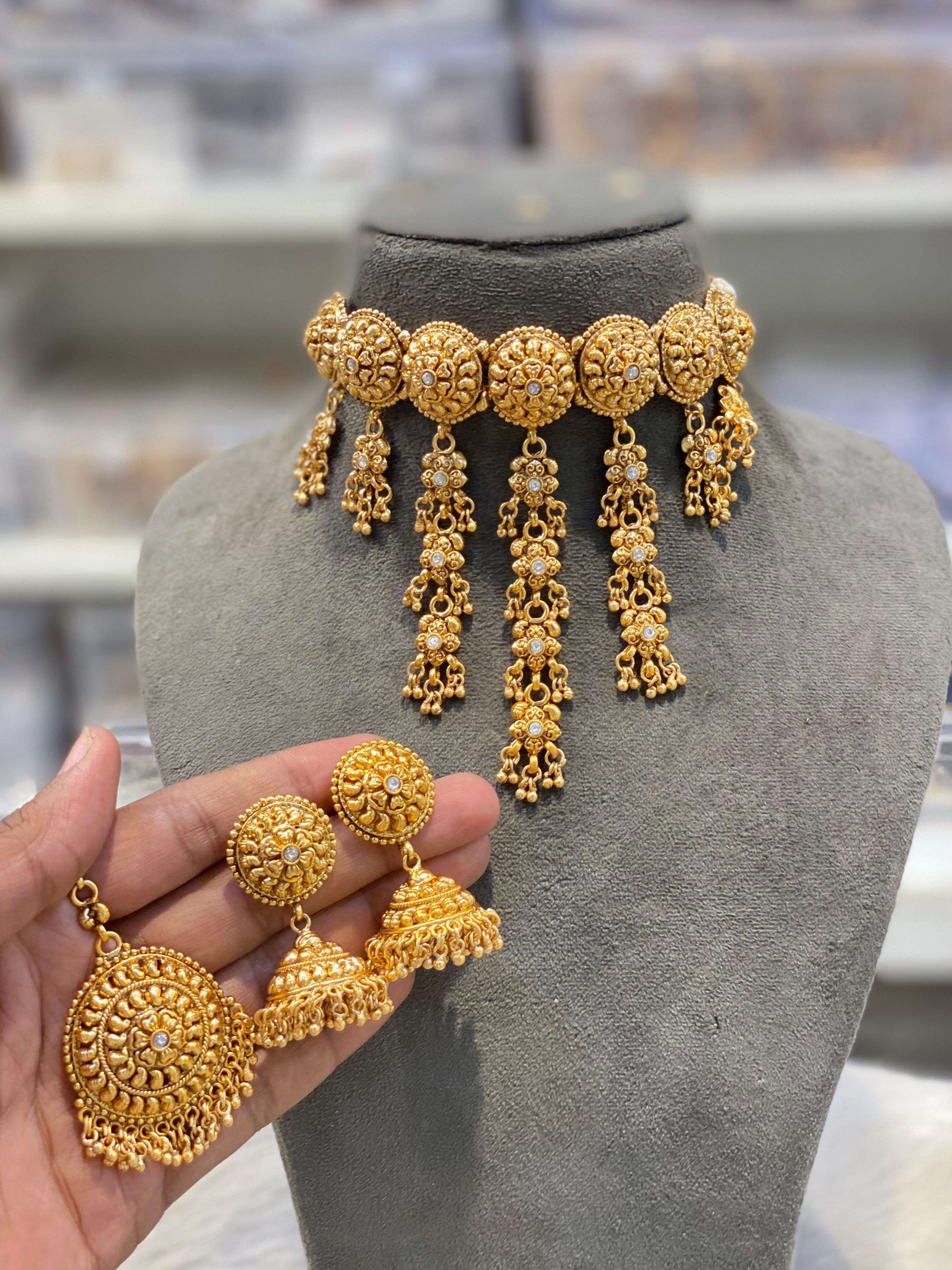 Hira Collections OG022 
Waterfall Choker + Jhumka + Maangtikka 
One Gram Gold Pl
