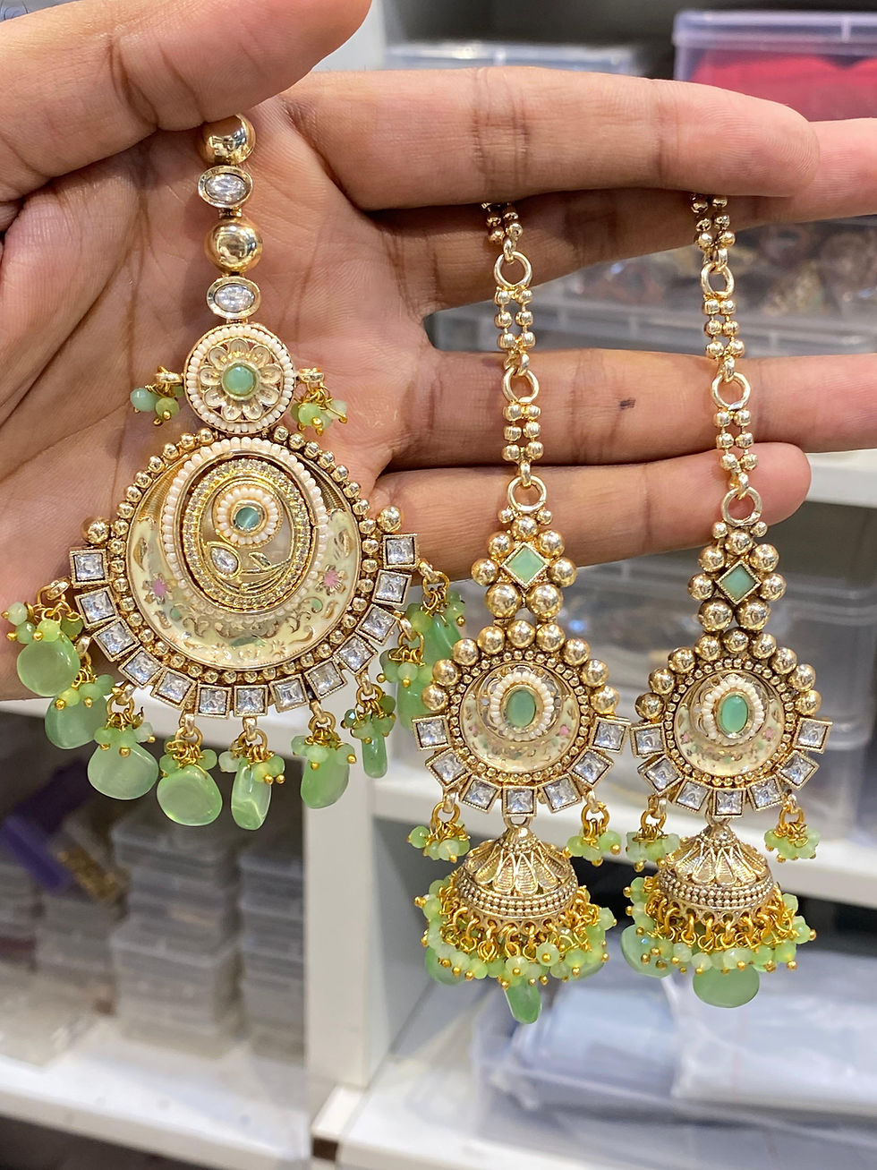 Thumbnail: Real Look Goldplated Kundan Jhumka with Earchain + Tikka 