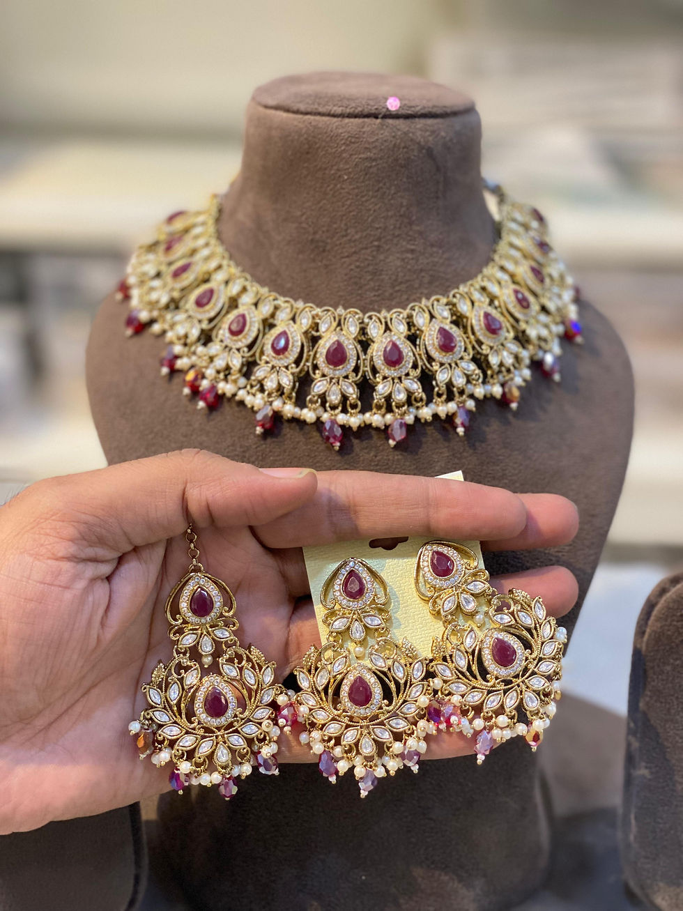 Thumbnail: Hira Collections 
Monalisa Stone 
Kundan 
Necklace Earrings Maangtikka