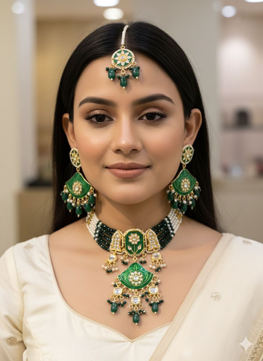 Thumbnail: Hira Collections YASHI 
Bareilly Meenakari Kundan 
Choker + Earrings + Tikka