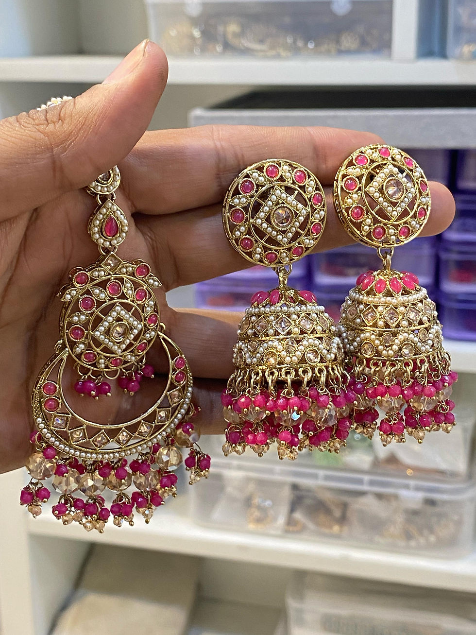 Thumbnail: Hira Collections JANASHEEN
Real Polki Jhumka Earrings + Tikka