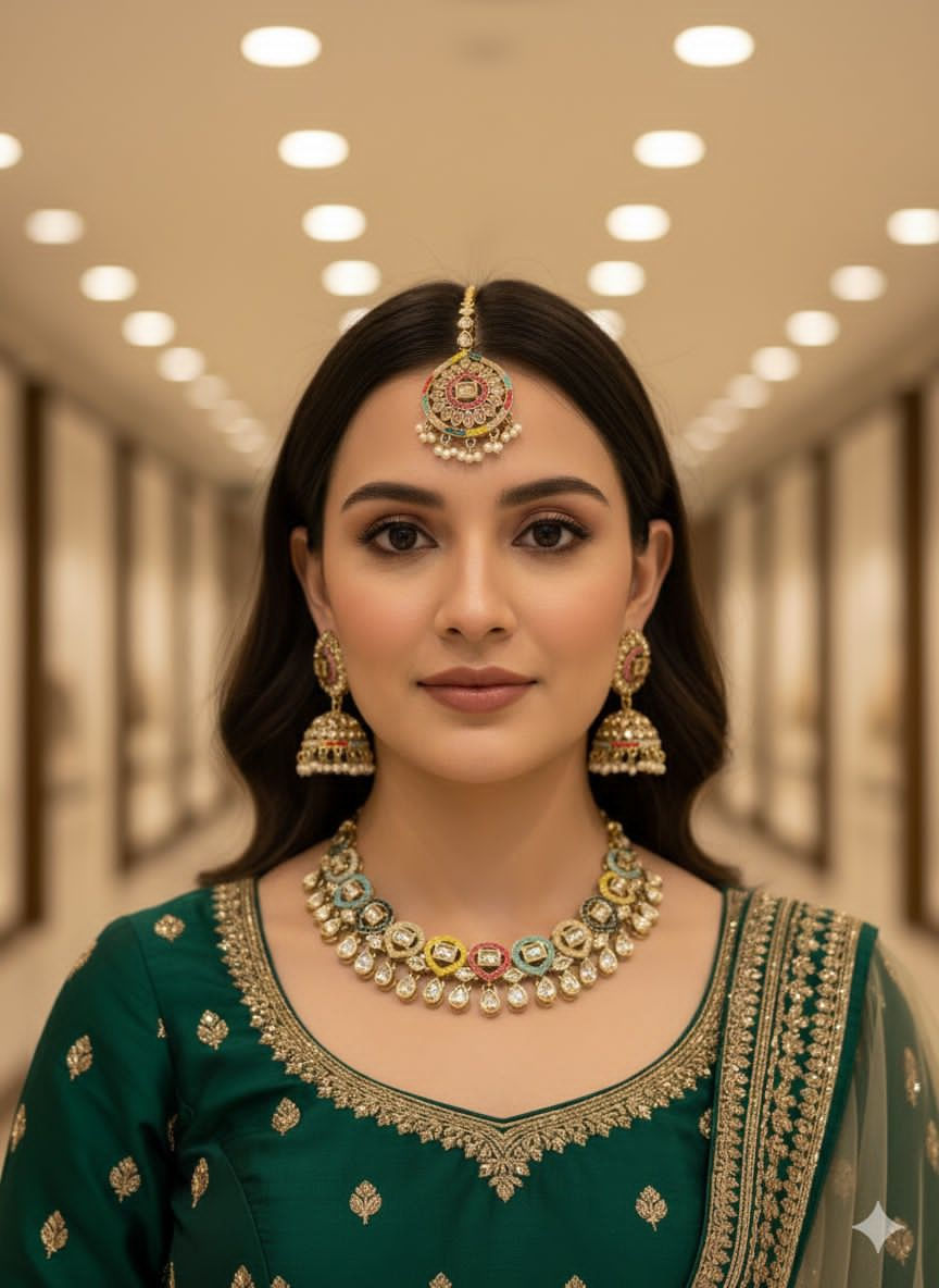 Thumbnail: Polki 
Necklace, Jhumka Earrings, Maangtikka 
Onegram Plated Jewellery 