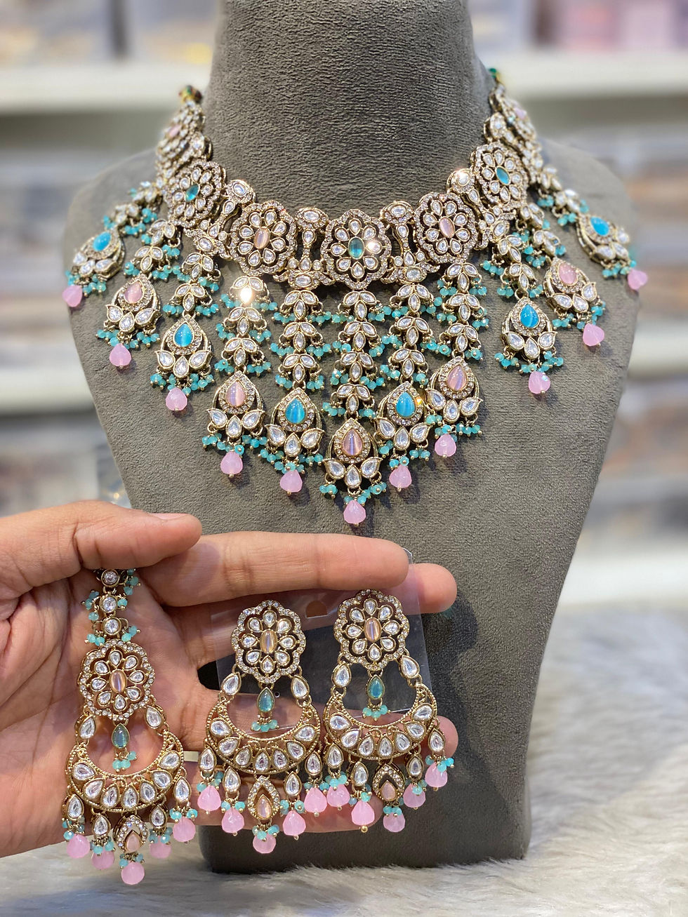 Thumbnail: Hira Collections NIHARIKA 
Kundan Waterfall 
Choker Earrings Maangtikka