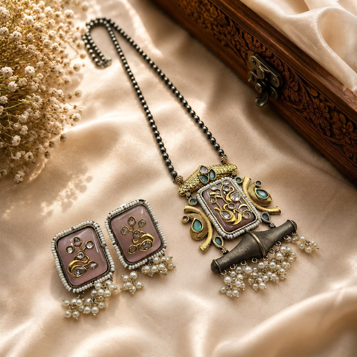 Hira Collections OXIN - 106 
Dual Tone Long chain  pendant with matching stud ea