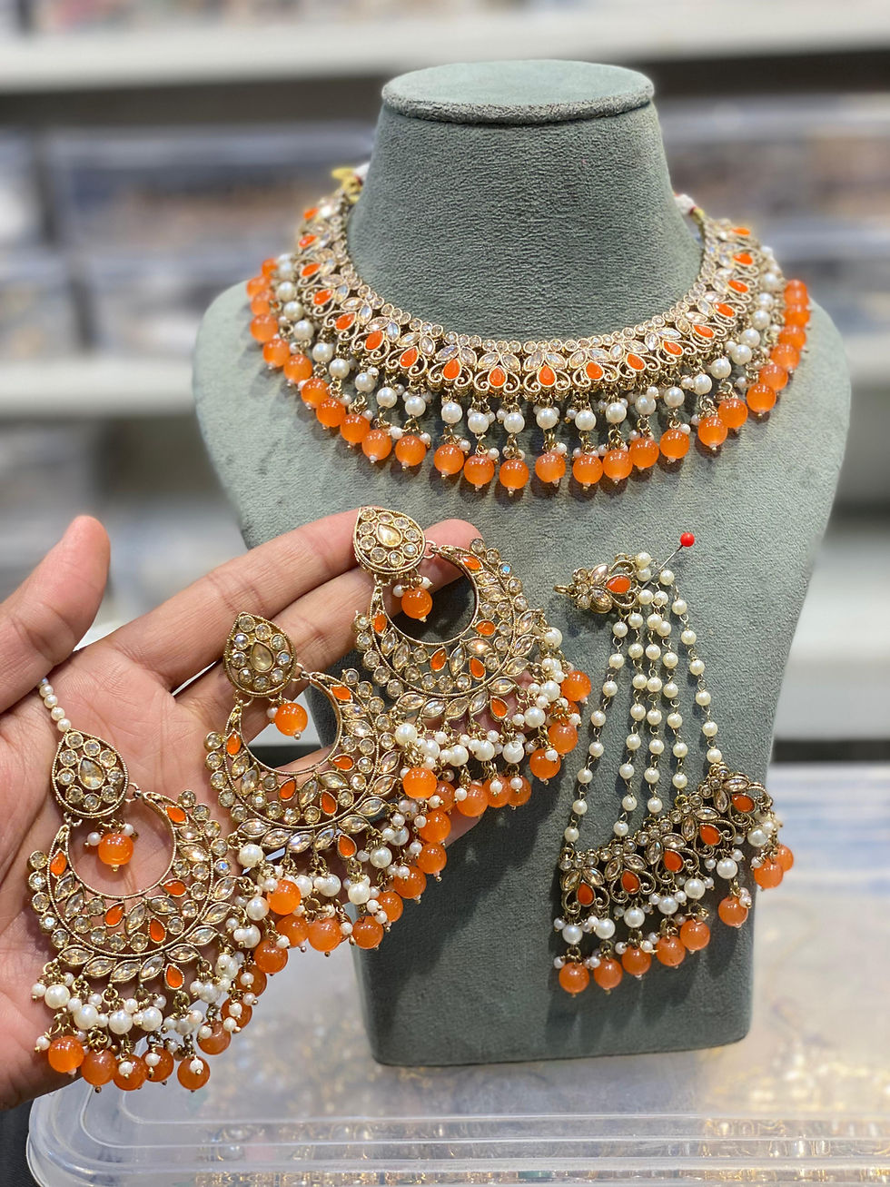 Thumbnail: Hira Collections SANA
Gold Plated Stones 
Kashmiri Necklace Earrings Maangtikka 