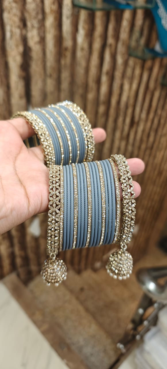 Thumbnail: Hira Collections BANG008
Golden Stone Bangles With Jhumka Kada Set 
Classy Look 