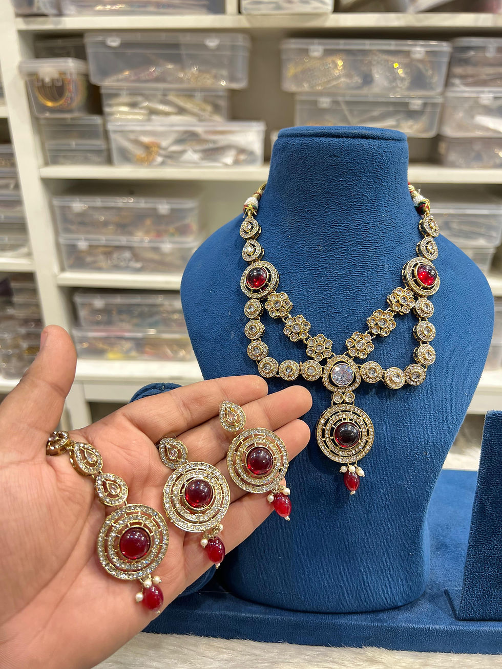 Thumbnail: Hira Collections 
Gold Plated
Monalisa Stone
Double Layer 
Medium Necklace Set 