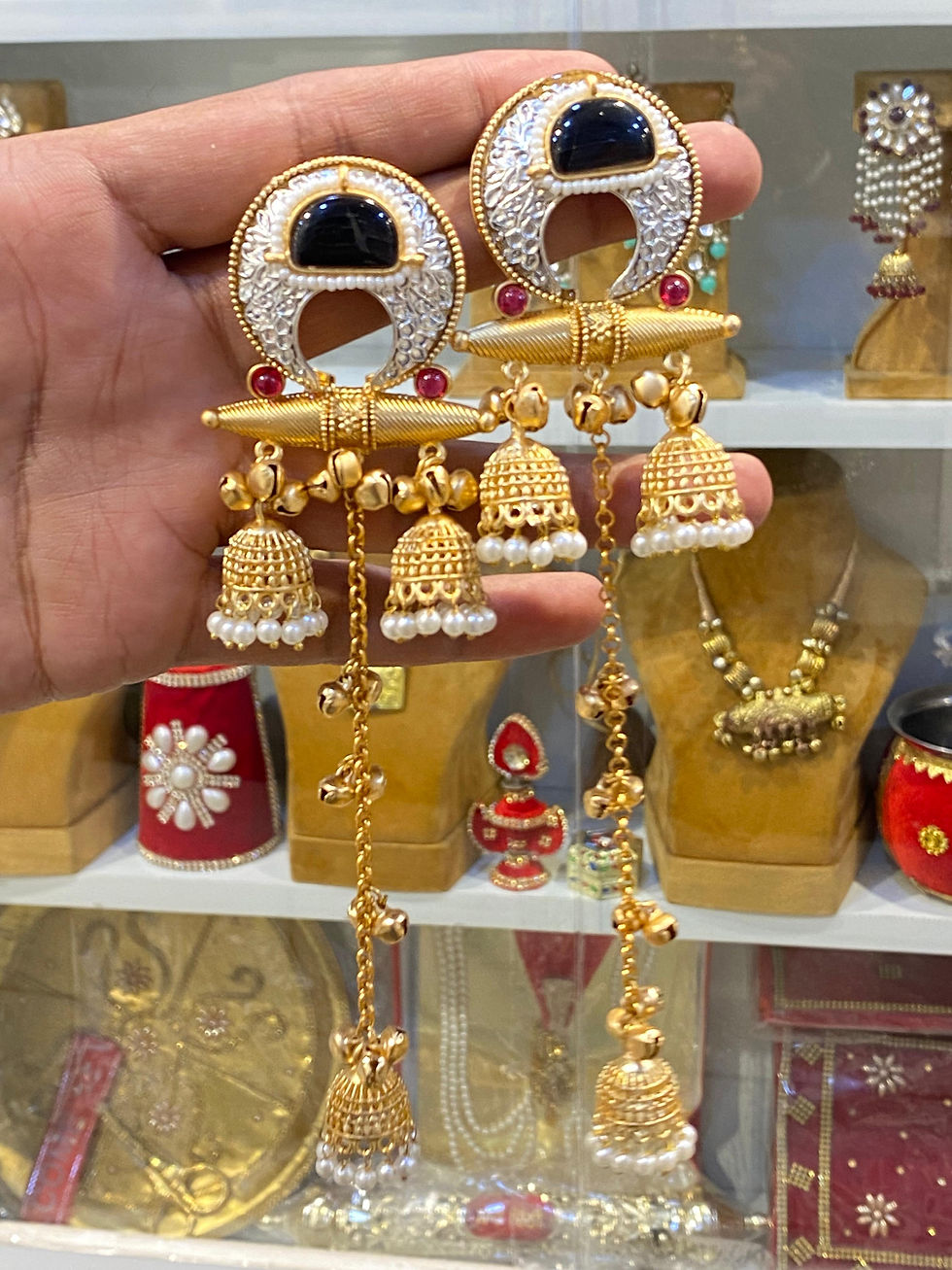 Thumbnail: Hira Collections KGE08
Gold Plated Kashmiri Ghungroo Triple Jhumki
Long Earrings