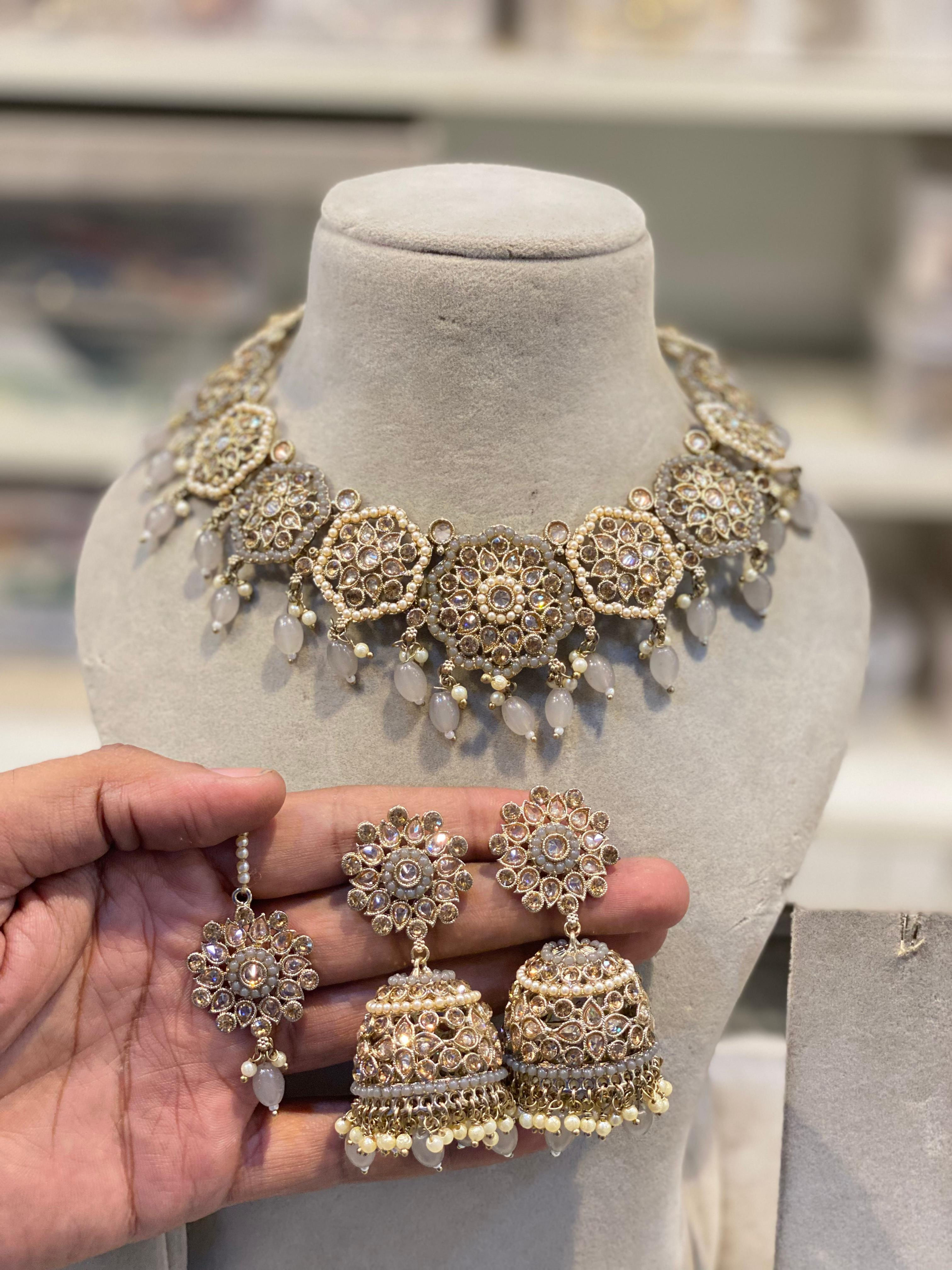 Polki 
Necklace , Jhumka Earrings,  Maangtikka