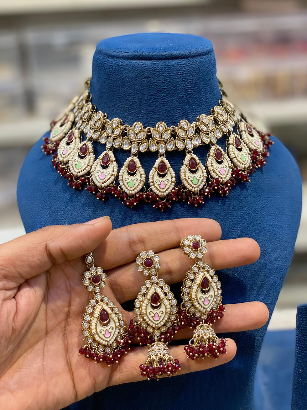 Thumbnail: Hira Collections FALAK
Royal Meenakari Bunch Kundan 
Necklace, Jhumki, Tikka 