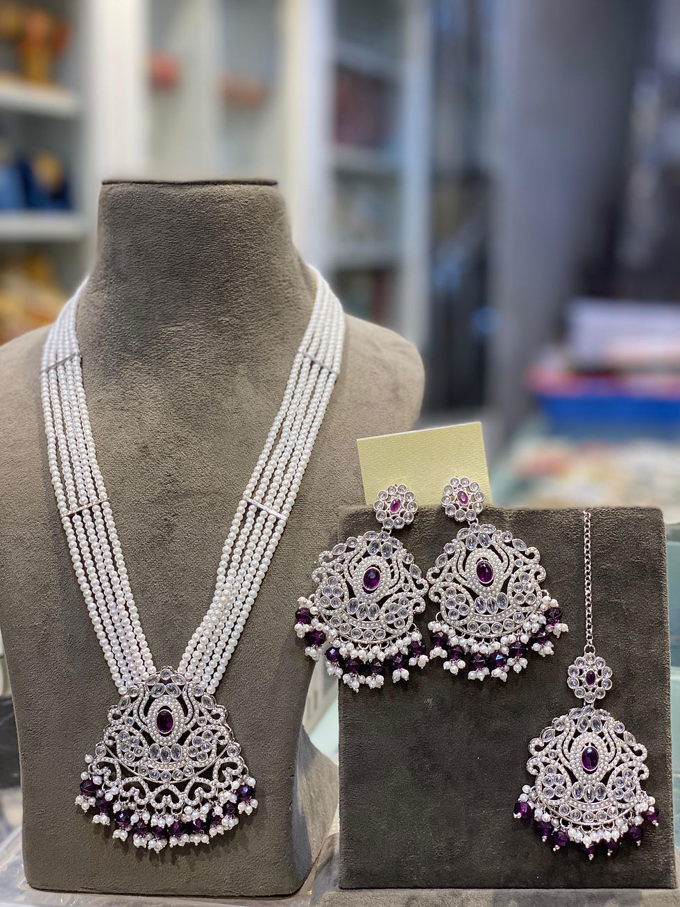 Thumbnail: Hira Collections AANCHAL 
Real Polki Silver Plated 
Rani Haar + Earrings + Tikka