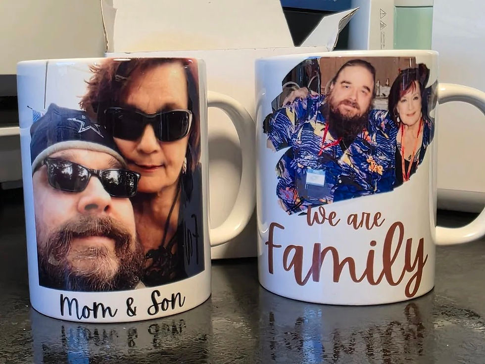 Thumbnail: Two custom mugs with photos: 'Mom & Son' and 'We are family'.