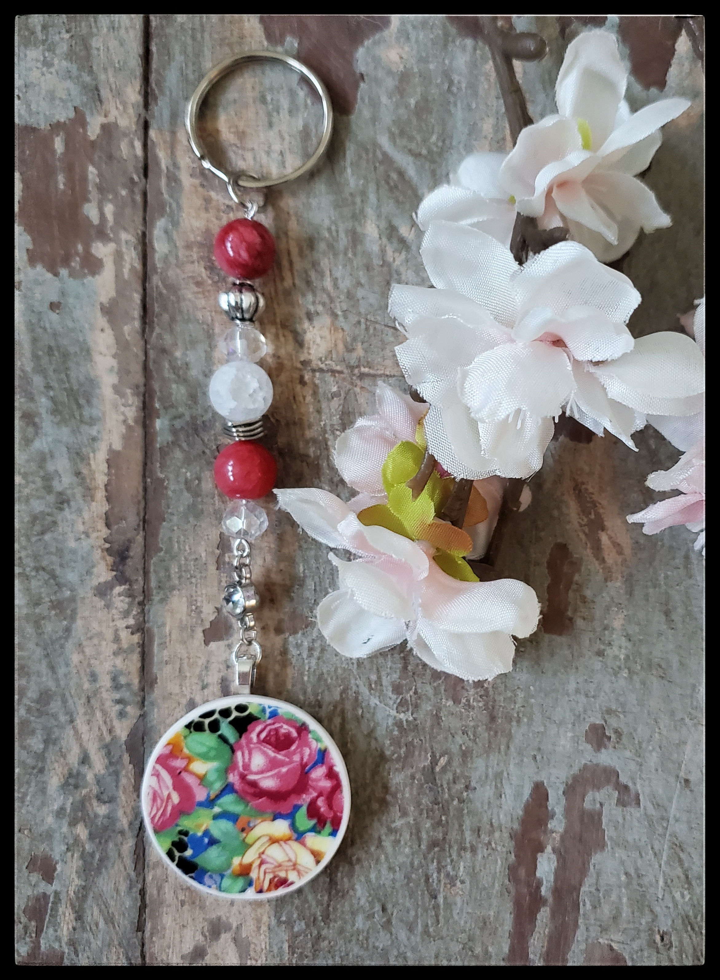 Keychain - Broken China - Pink Bead Accents
